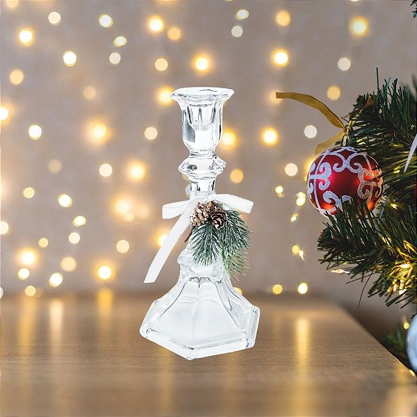 Castiçal Natalino Cristal - Ramo De Pinheiro - 20cm - 1 unidade - Cromus - Rizzo