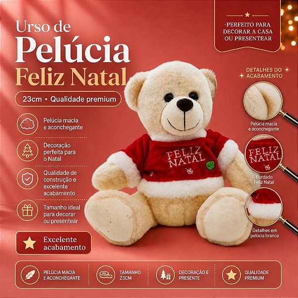 Urso de Pelúcia Branco Feliz Natal - 23cm - 1 unidade - Rizzo