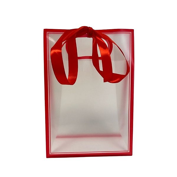 Sacola Transparente PVC com Alça e Fita  - Vermelha - 26x18x8cm - 1 unidade - Rizzo