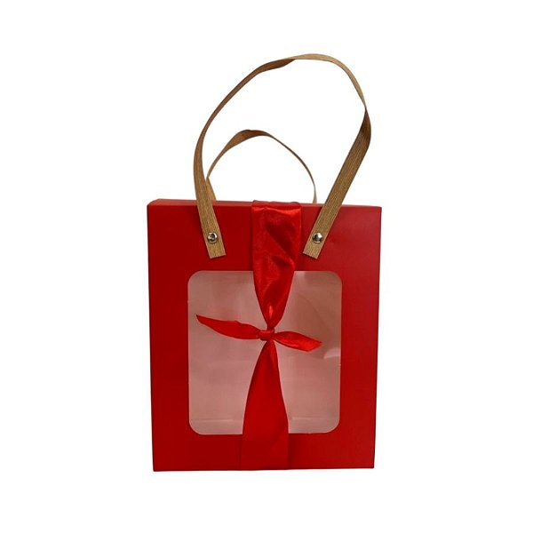 Sacola de Papel com Fita e Visor Alça de Fibra - Vermelha - 21x18x8,5cm - 1 unidade - Rizzo