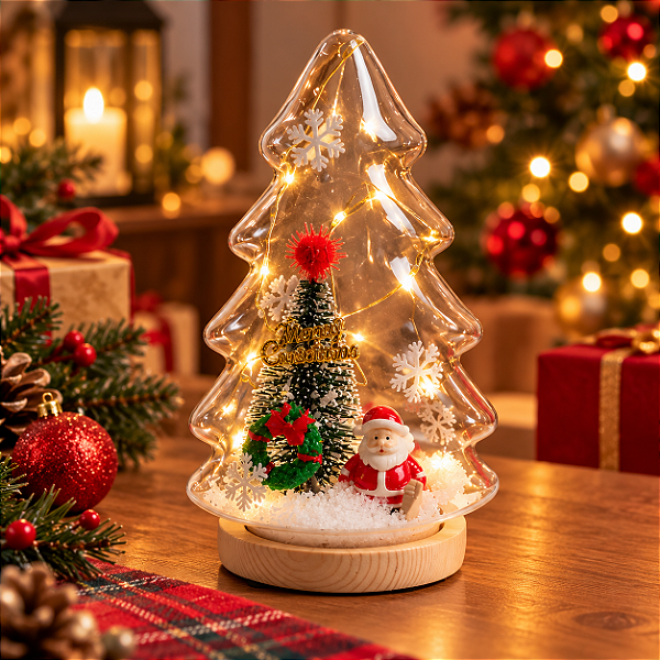 Enfeite Árvore De Natal De Vidro com LED - Papai Noel na Neve - 10x18,5x8cm - 1 unidades - Rizzo