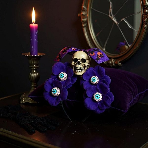 Tiara De Halloween - Flor Com Olho e Caveira - Roxo -  22x23cm - 1 unidade - Rizzo