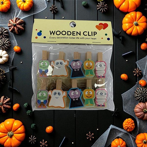 Mini Pregador Decorativo De Hallowen Com Varal - Monstros - 10 unidades - Rizzo