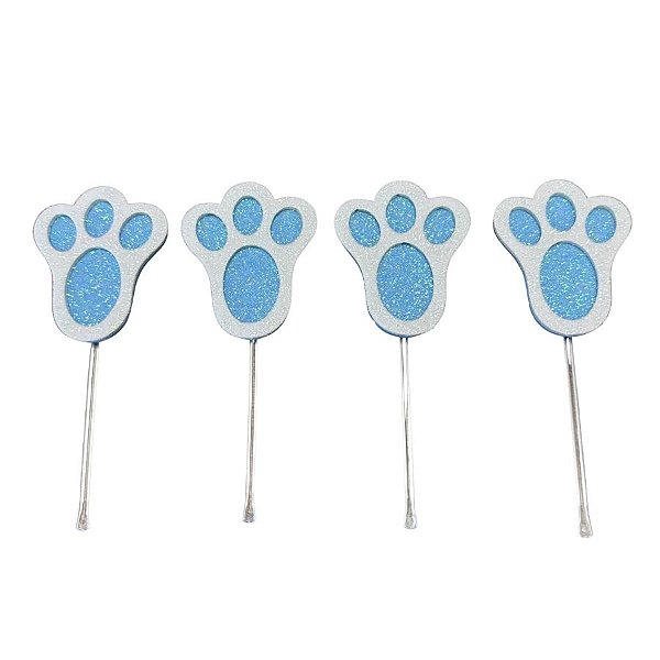 Pick Decorativo - Pata de Coelho Branco e Azul com Glitter - 8 unidades - Rizzo