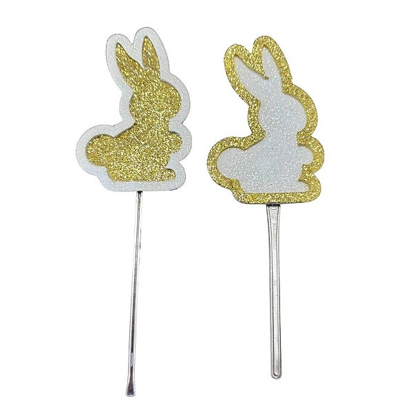 Pick Decorativo - Coelhos Dourado e Branco com Glitter - 4 unidades - Rizzo