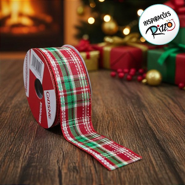 Fita Aramada Decorativa de Natal - Xadrez Vermelha e Verde - 3,8x914cm - 1 unidades - Cromus - Rizzo