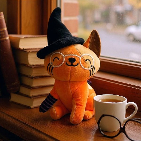 Gato de Pelúcia com Chapéu - Laranja - 25cm  - 1 unidade - Rizzo