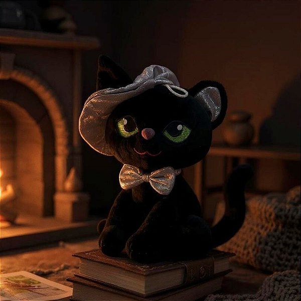 Gato de Pelúcia com Chápeu de Bruxa - Preto - 23cm  - 1 unidade - Rizzo
