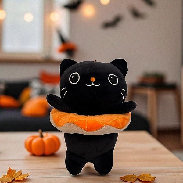 Gato de Pelúcia com Boia Laranja - Preto - 23cm  - 1 unidade - Rizzo