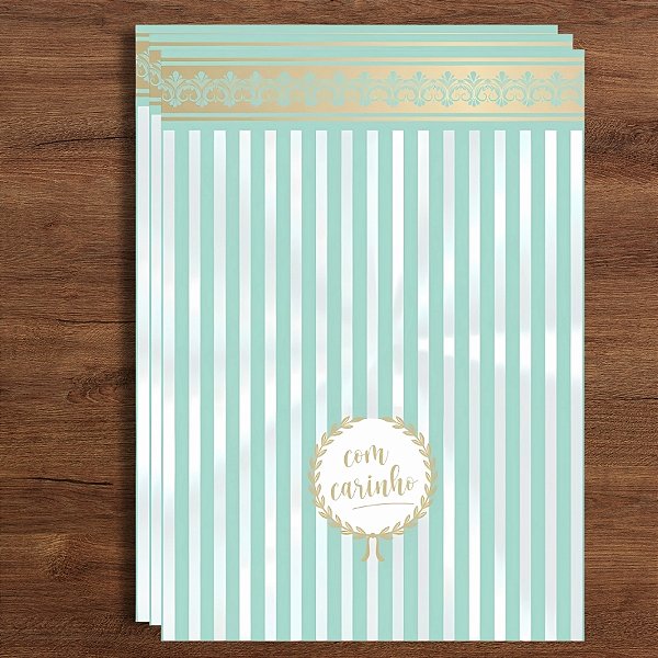 Saco Transparente Decorado - 15x22cm - Acqua "Com Carinho" Ouro - 50 unidades - Cromus - Rizzo