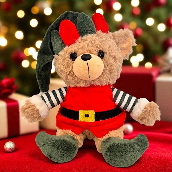 Ursinho Duende de Pelúcia - Verde e Vermelho - 25cm - 1 unidade - Rizzo