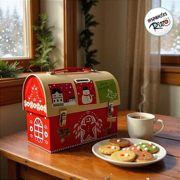 Lata de Metal de Natal - Caixa Maleta Cofre Vermelho e Bege - 17cm - 1 unidade - Rizzo