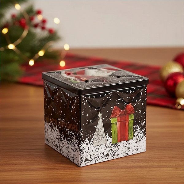 Lata De Metal De Natal - Preta - "Merry Christmas" Papai Noel - 9x9cm - 1 unidade - Rizzo