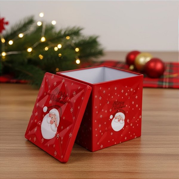 Lata De Metal De Natal - Vermelha - "Merry Christmas" Papai Noel - 9x9cm - 1 unidade - Rizzo