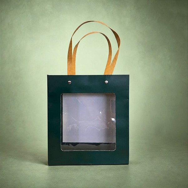 Sacola de Papel com Gaveta e Visor Alça de Fibra 18x16,5x8,5cm - Verde - 1 unidade - Rizzo