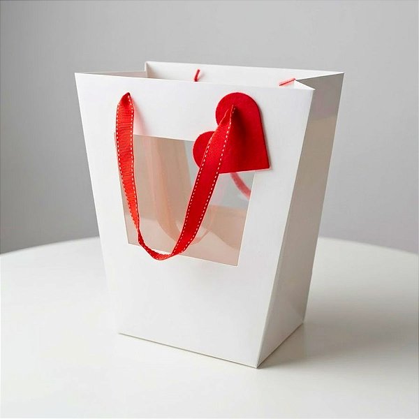 Sacola de Papel com visor duplo de PVC 22x13x13cm - Branca com Alça Vermelha e Tag de Coração - 10 unidades - Rizzo