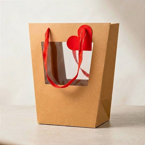Sacola de Papel com visor duplo de PVC 26x15,5x15,5cm - Kraft com Alça Vermelha e Tag de Coração - 10 unidades - Rizzo