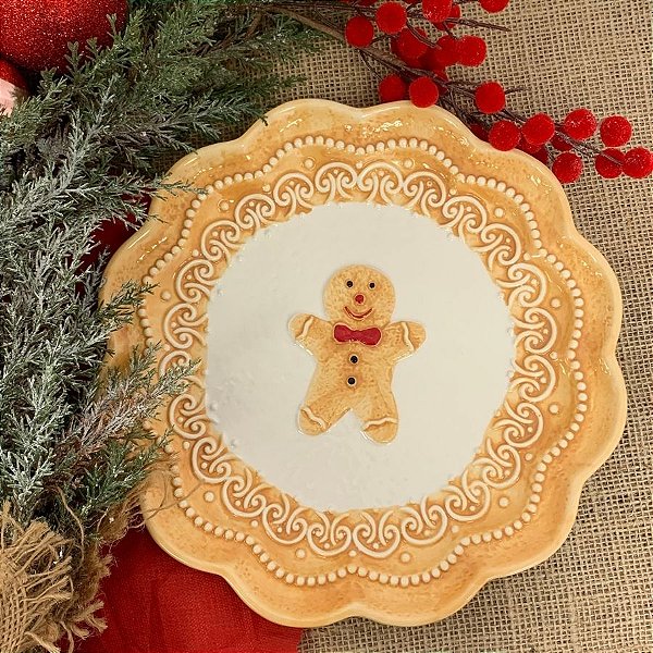 Bandeja Decorativa De Natal De Cerâmica - Boneco Ginger Bread - Marrom e Branco - 28,5cm  - 1 unidade - Cromus - Rizzo