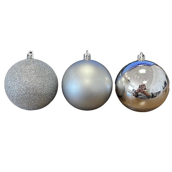 Bola de Natal em Tubo - Lisa, Fosco e Glitter Prata - 8cm - 6 unidades - Cromus - Rizzo