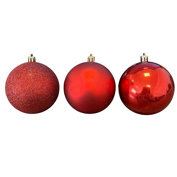 Bola de Natal em Tubo - Lisa, Fosco e Glitter Vermelho - 8cm - 6 unidades - Cromus - Rizzo