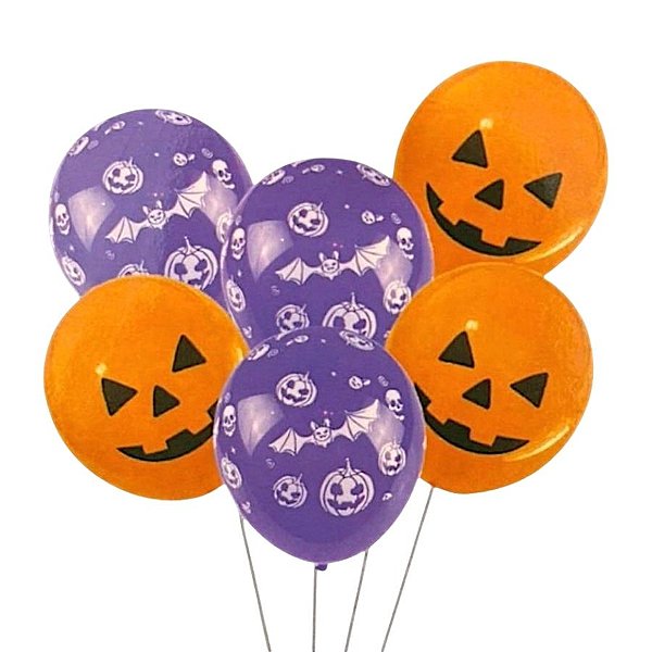 Balão de Festa Látex 12" Halloween - Abóboras e Morcegos - 6 unidades - Rizzo