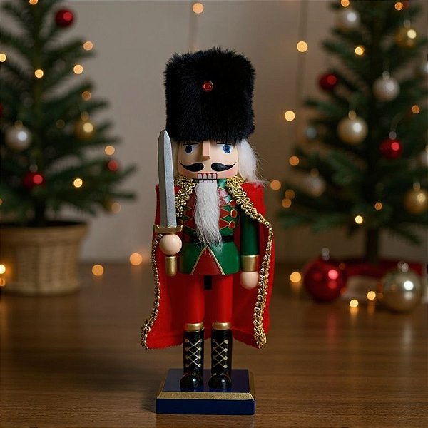Soldado de Chumbo de Madeira com Capa e Espada - 7,5x24,5x6,5cm - Verde e Vermelho - 1 unidade - Artlille  - Rizzo