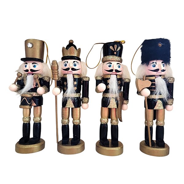 Kit Boneco Soldado Quebra Nozes de Madeira - 13cm - Preto e Dourado - 4 unidades - Rizzo - Rizzo
