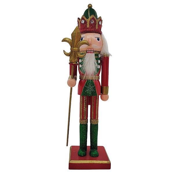 Boneco Soldado Quebra Nozes de Madeira com Bastão - 30cm - Verde e Vermelho - 1 unidade - Rizzo