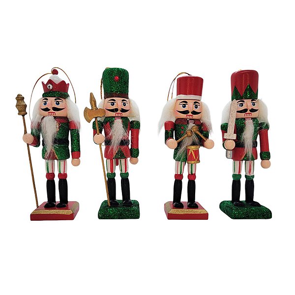 Conjunto Boneco Soldado Quebra Nozes de Madeira - 12cm - Verde e Vermelho - 4 unidades - Rizzo