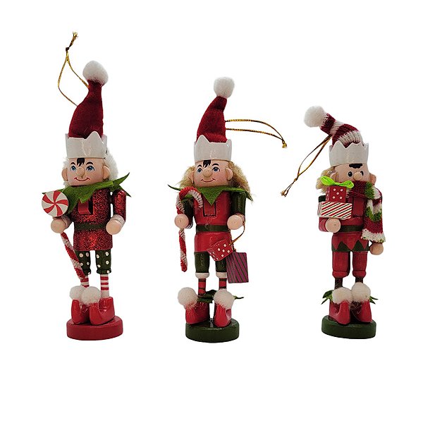 Conjunto Boneco Soldado Quebra Nozes de Madeira - 14cm - Verde e Vermelho - 3 unidades - Rizzo