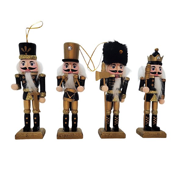 Conjunto Boneco Soldado Quebra Nozes de Madeira - 12cm - Preto e Dourado - 4 unidades - Rizzo