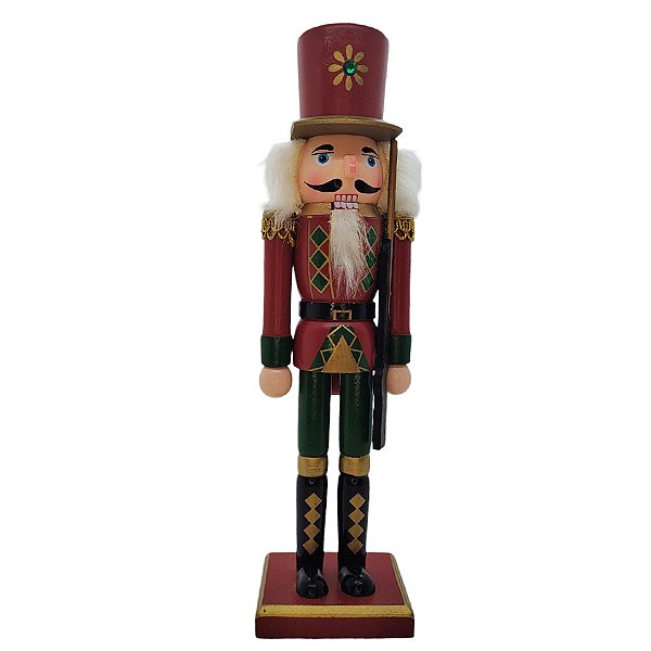 Boneco Soldado Quebra Nozes de Madeira - 30cm - Verde e Vermelho - 1 unidade - Rizzo