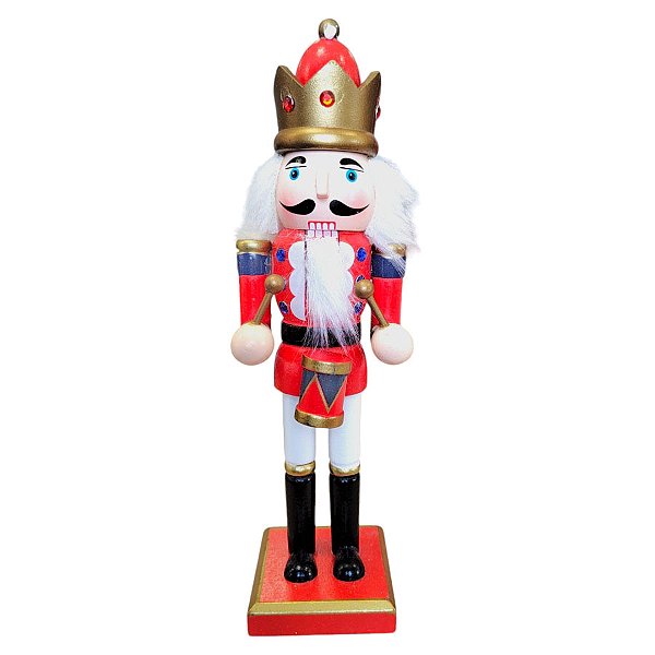 Boneco Soldado Quebra Nozes de Madeira com Tambor - 25cm - Azul, Branco e Vermelho - 1 unidade - Rizzo
