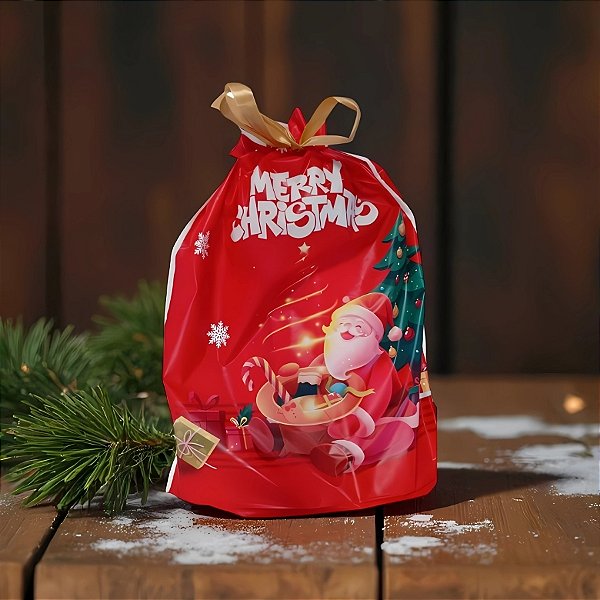 Saco Para Presente Decorado - Papai Noel Vermelho - 29x42cm - 50 unidades - Rizzo