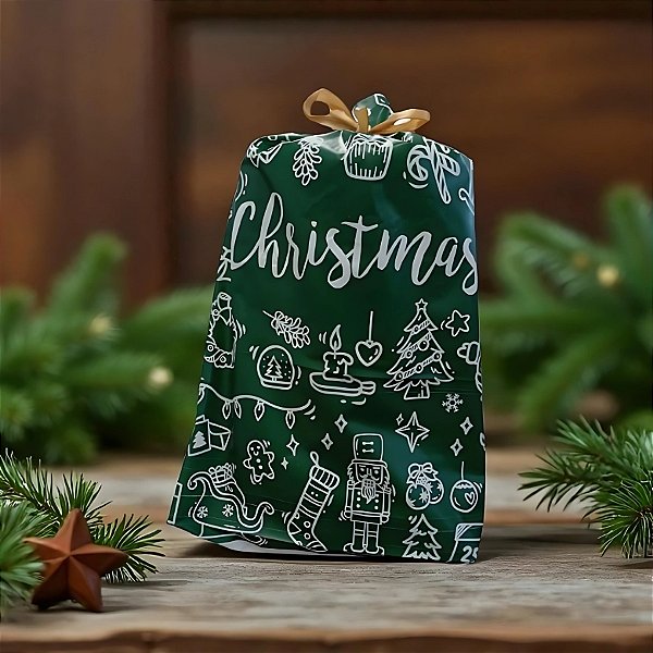 Saco Para Presente Decorado - "Christmas" Verde - 29x42cm - 50 unidades - Rizzo