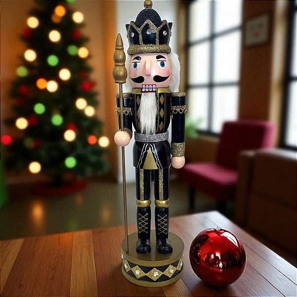 Soldado de Chumbo de Madeira com Lança - 38cm - Preto e Dourado - 1 unidade - Rizzo