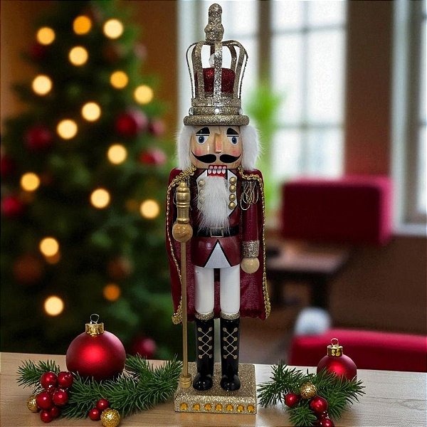 Soldado de Chumbo Rei Quebra Nozes de Madeira com Lança - 42,5cm - Vermelho e Dourado - 1 unidade - Rizzo