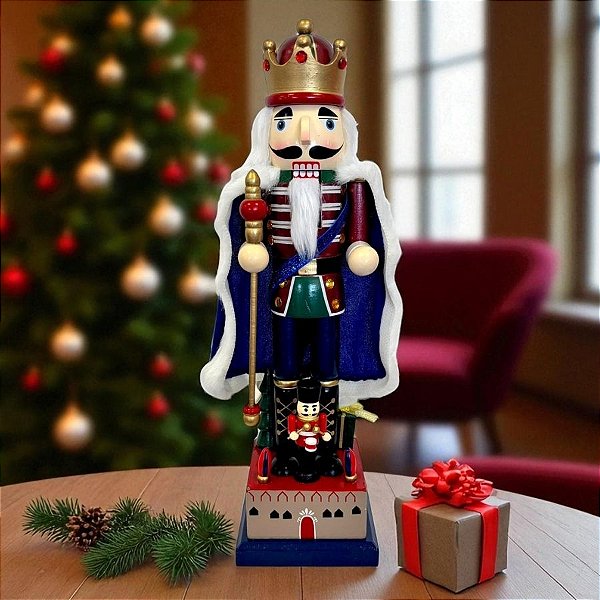 Soldado de Chumbo Rei Quebra Nozes de Madeira com Lança - 40cm - Vermelho, Azul e Verde - 1 unidade - Rizzo