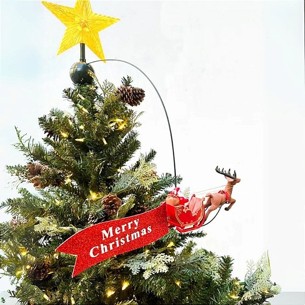 Enfeite Giratório para Árvore de Natal – Topo Estrela e Trenó - 47x20cm - 1 unidade - Rizzo