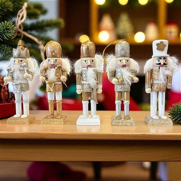 Kit Boneco Soldado Quebra Nozes de Madeira - Branco e Dourado - 12,5cm  - 5 unidades - Rizzo