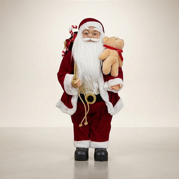 Papai Noel Decorativo em Pé com Saco de Presentes e Urso - Vermelho e Branco - 60cm - RZO01903 - 1 unidade - Rizzo