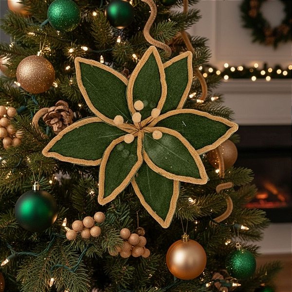 Poinsétia Decorativa - Veludo - Verde e Bege - 39x28cm - 1 unidade - Cromus - Rizzo
