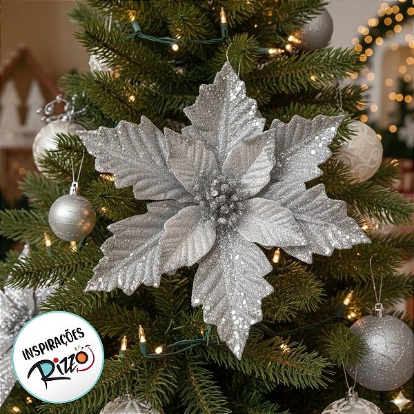 Poinsétia Decorativa - Prata Com Glitter - 23x24,5cm - 1 unidade - Cromus - Rizzo