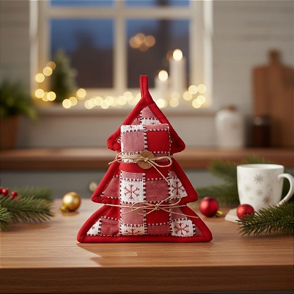 Pano de Copa com Bolsa de Natal - Pinheiro - Vermelho e Branco - 18x23,5x4cm - 1 unidade - Cromus - Rizzo