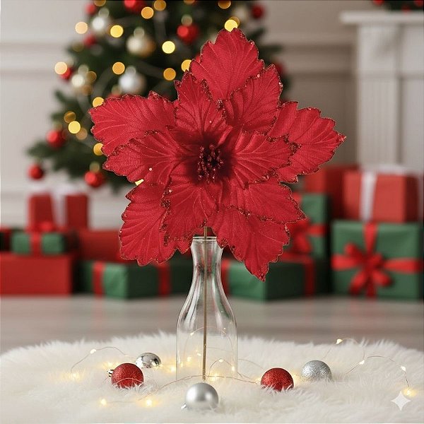 Poinsétia Decorativa - Veludo Vermelho Com Glitter - 41x33x12cm - 1 unidade - Cromus - Rizzo