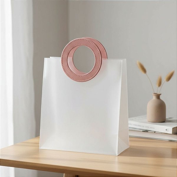Sacola Transparente Fosca PVC com Alça Redonda de Couro Rosa - 27x23x13cm - 1 unidade - Rizzo