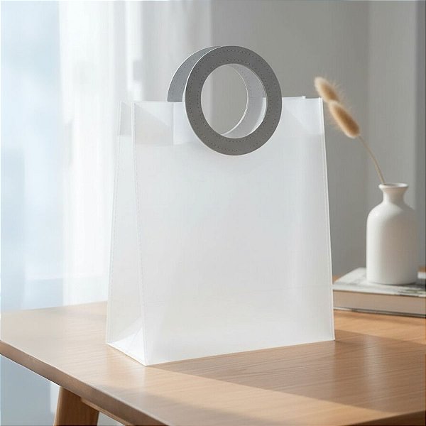 Sacola Transparente Fosca PVC com Alça Redonda de Couro Branco - 27x23x11cm - 1 unidade - Rizzo