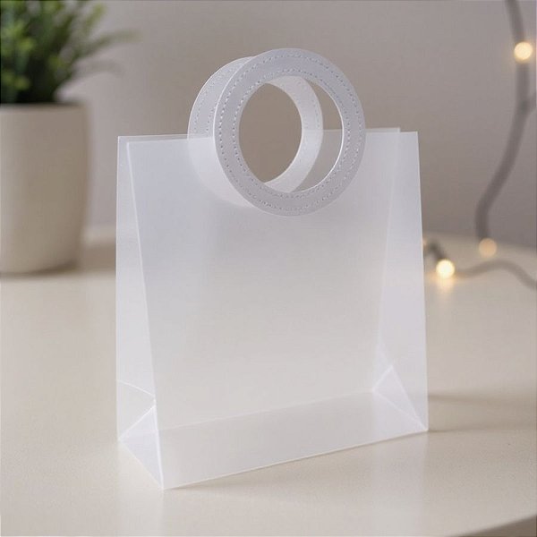 Sacola Transparente Fosca PVC com Alça Redonda de Couro Branco - 18,5x16x8cm  - 10 unidades - Rizzo