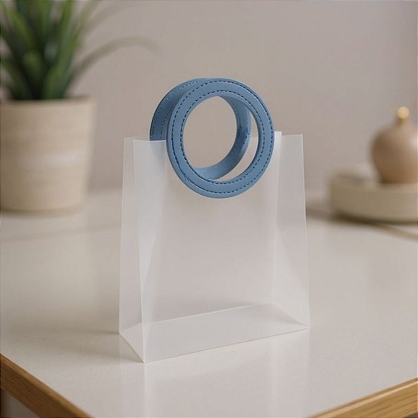 Sacola Transparente Fosca PVC com Alça Redonda de Couro Azul - 18,5x16x8cm - 10 unidades - Rizzo