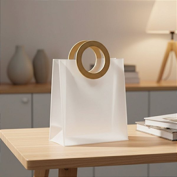 Sacola Transparente Fosca PVC com Alça Redonda de Couro Dourado - 27x23x11cm - 1 unidade - Rizzo